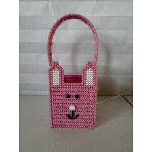 Mini Easter Basket with Pale Pink Sparkly Bunny Colorful Plastic Canvas Handmade